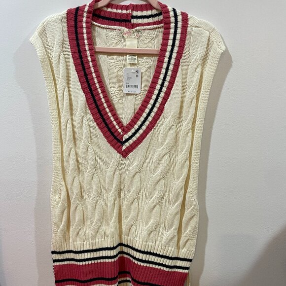NWT $68 Free People Coastal Prep Poncho Vest One Size Nautical V Neck Cable Knit - Picture 6 of 10